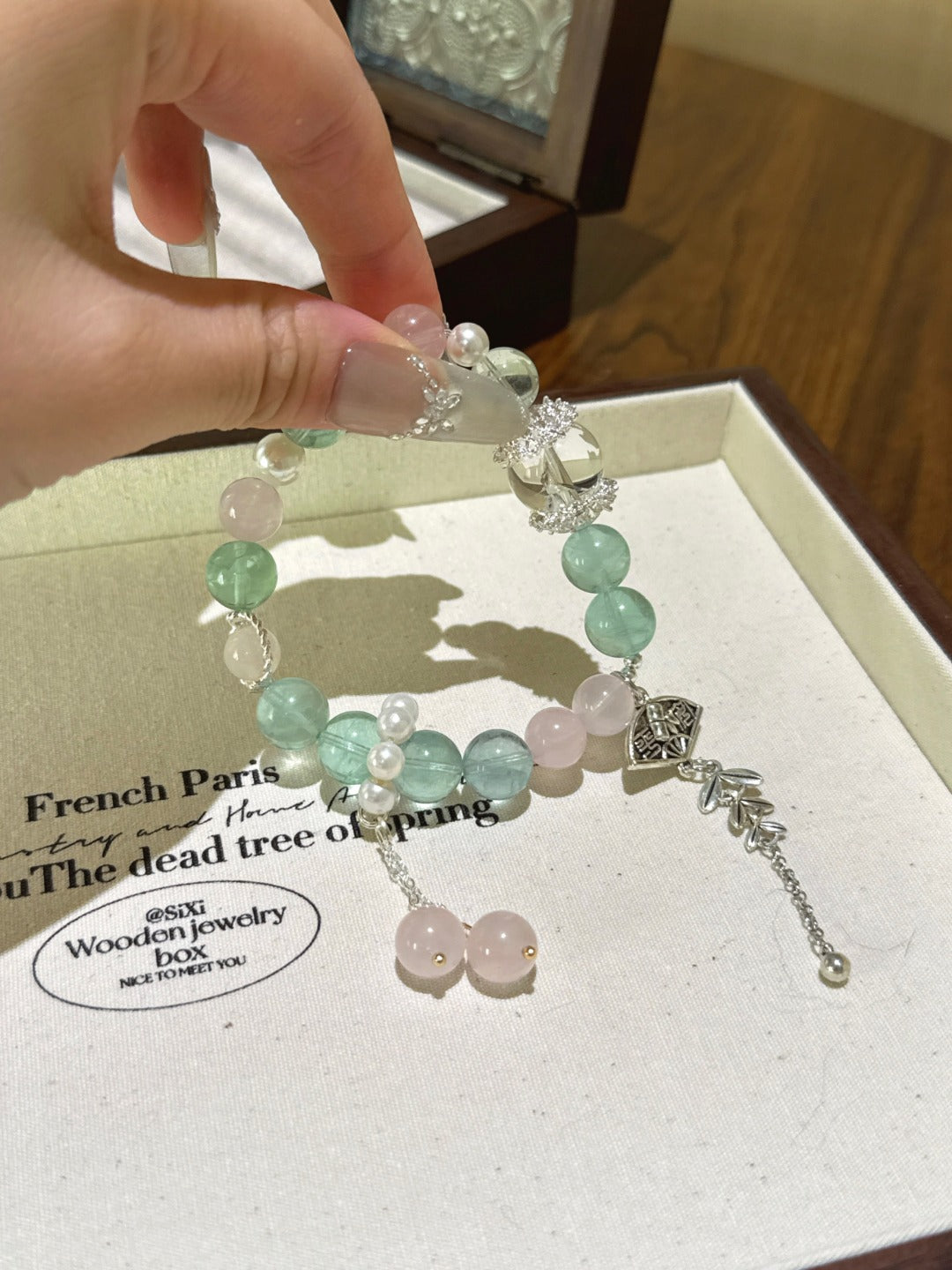 ▫️▪️ Green fluorite pink quartz white ace bracelet